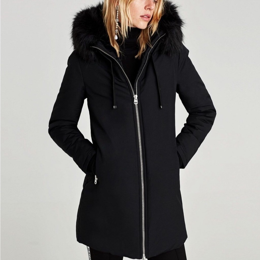 ZARA trf coat jacket black fur hoodie pocket puffer